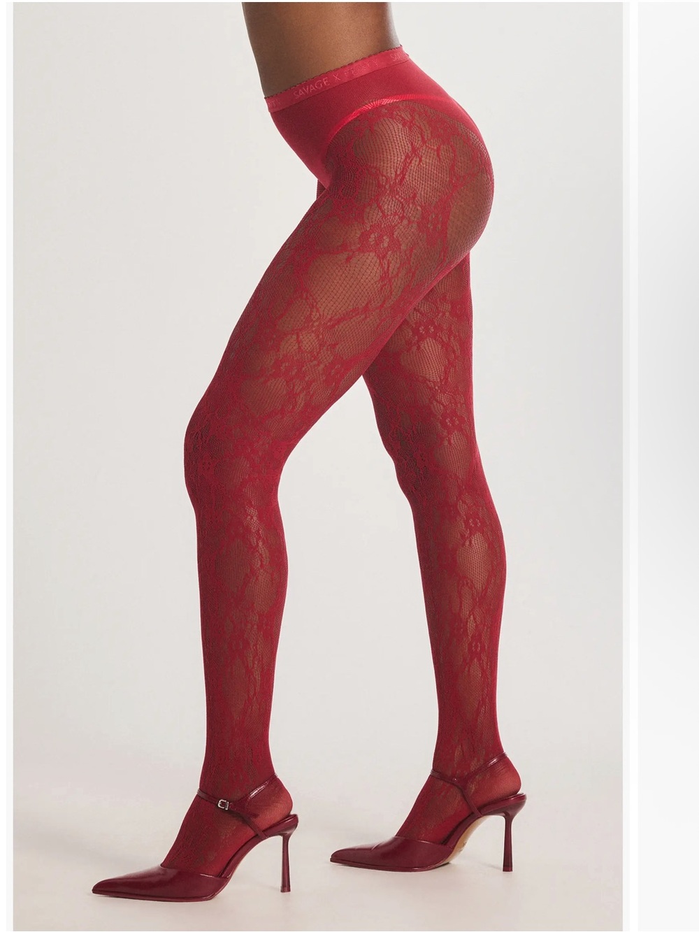 New Savage X FENTY Women's Savage X Lace Floral Sheer Tights Red Cognac